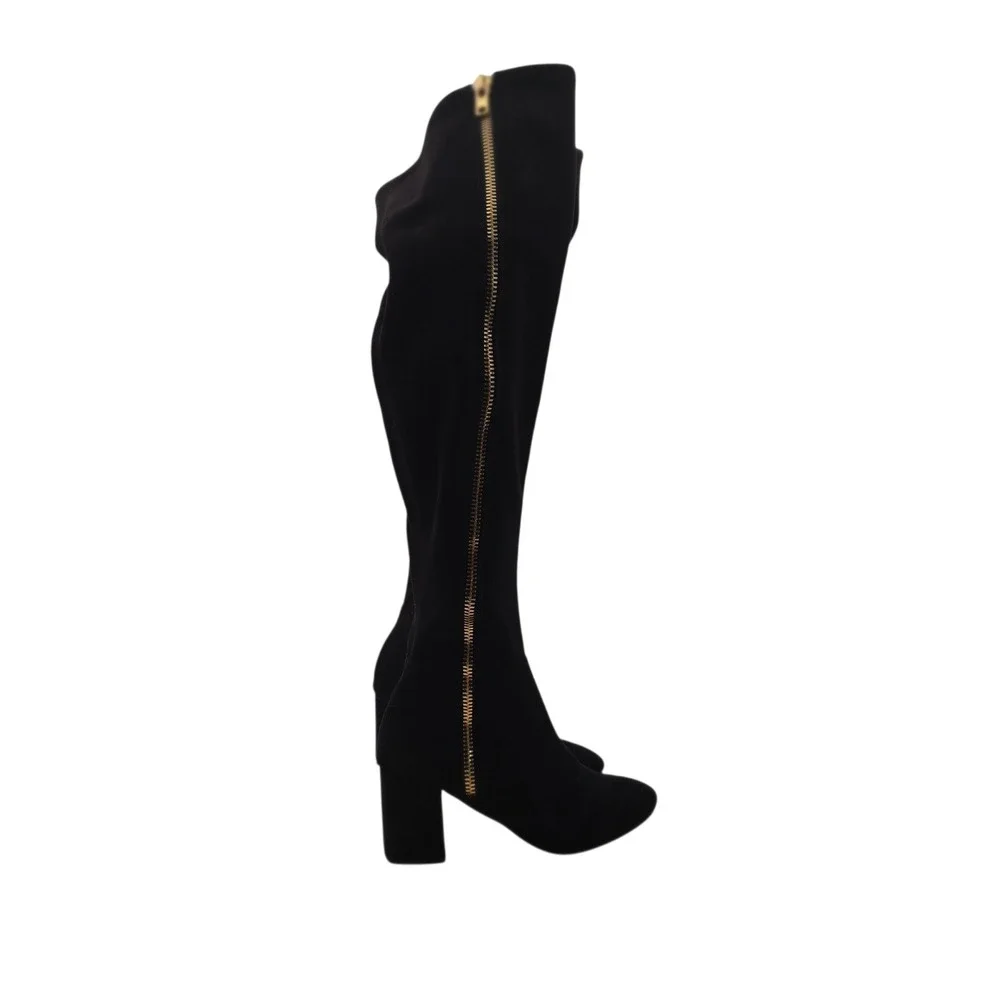 ShoeDazzle Nevaeh Black Over Knee Boots Gold Zip Modern Fall Chic 6 Retro‎ Mod